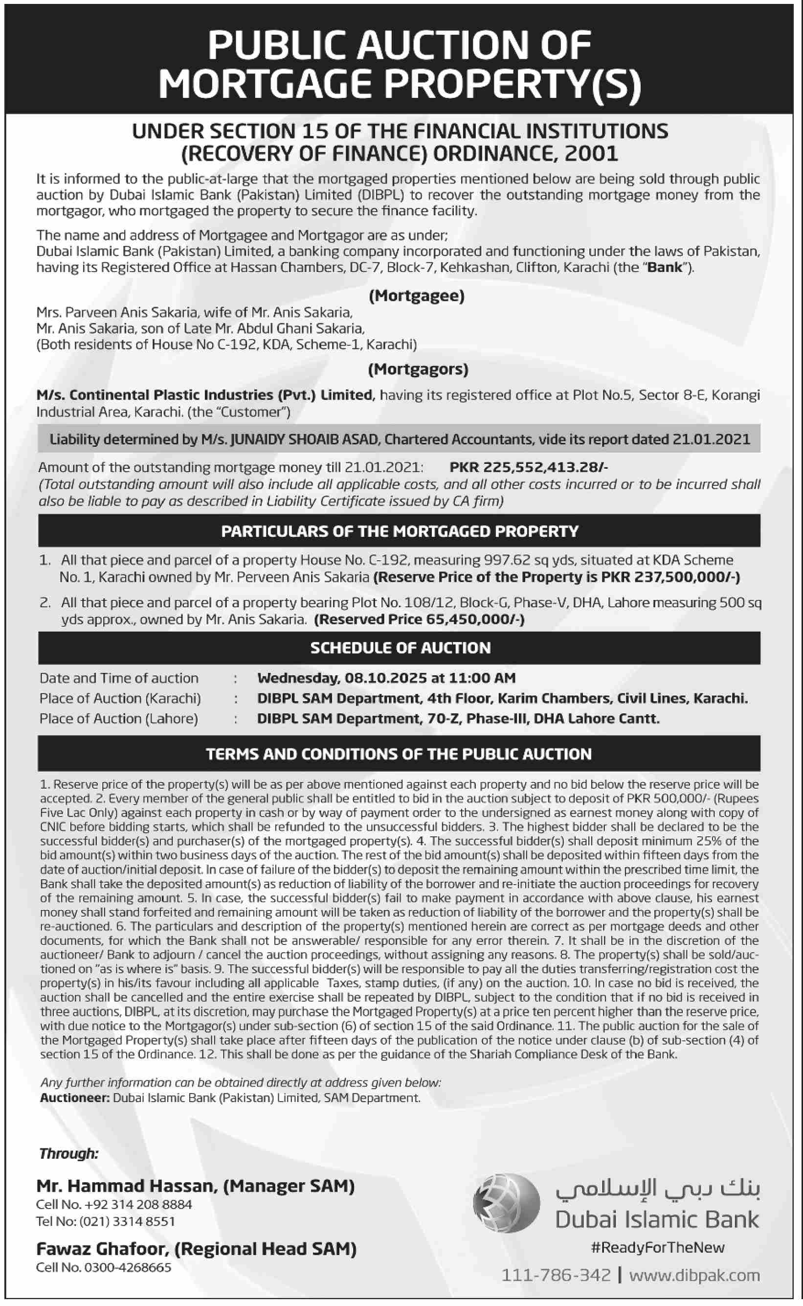 Dubai Islamic Bank Pakistan Limited Tender Notice
